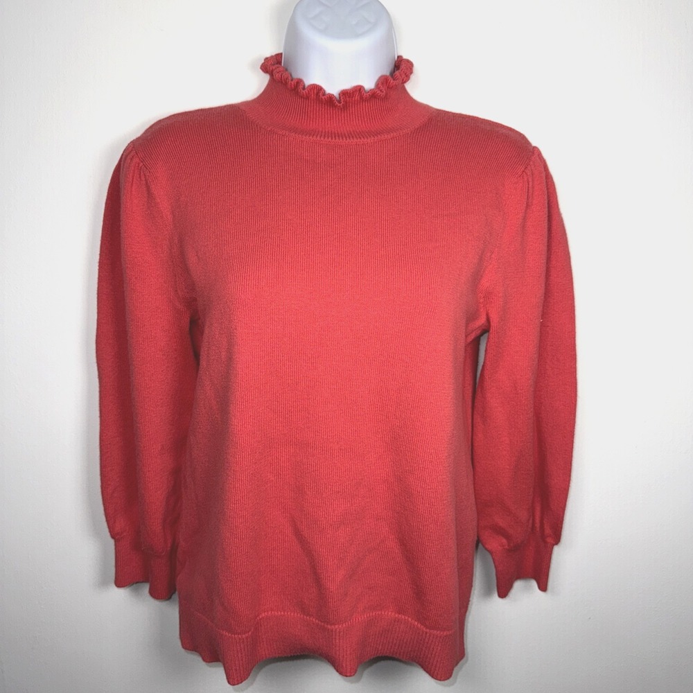 ANN TAYLOR Coral Pink Ruffled Turtleneck Sweater Puff Sleeves Sz S‎ Women Office